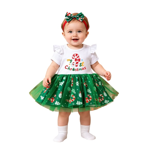 ZHOGXU Baby Girls Christmas Outfit Short Sleeve Candy Printed Lace Tutu Dress Headband 2PCS Set For Kids,White,9-12 Months