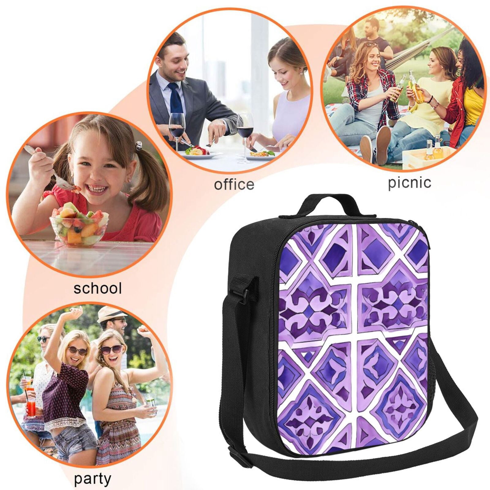 Thermal Insulation One Shoulder Portable Bento Bag Can Be Reused 8×10.5in For Carrying Drinks Bento Box Fruit Snacks Mediumpurple Moroccan Trellis Hand-Drawn Sketch_3