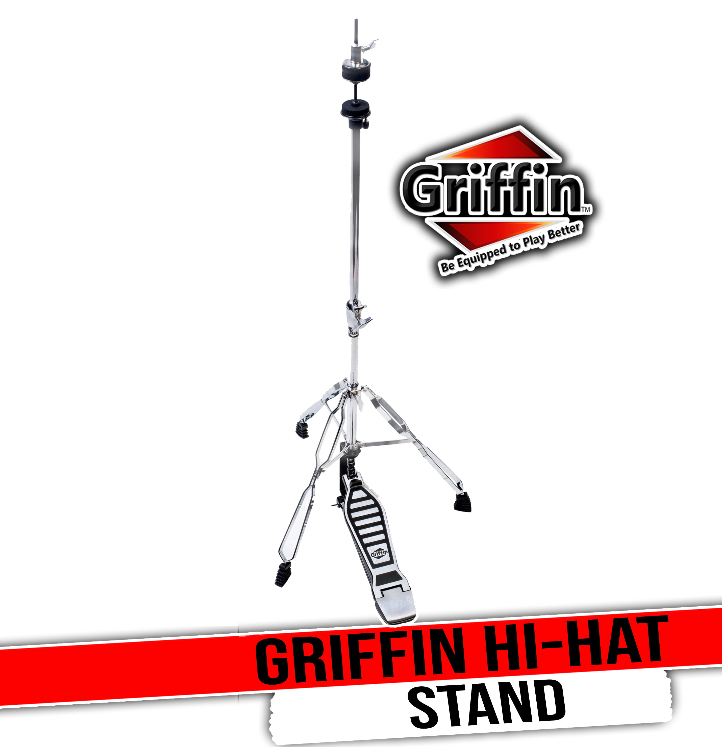Deluxe Hi-Hat Stand by Griffin HiHat Mount with Double Braced Hardware Accessory Set|Adjustable High Hat Holder Ideal for Mobile Percussion Drummers|Chrome Finish Hi Hat Cymbal Pedal With Drum Key 