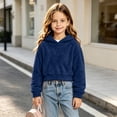 thumbnail image 3 of FRSASU Girl's Cropped Hoodie Long Sleeve Fuzzy Plush Pullover Casual Solid Color Short Hooded Sweatshirt Top Navy, 3 of 8
