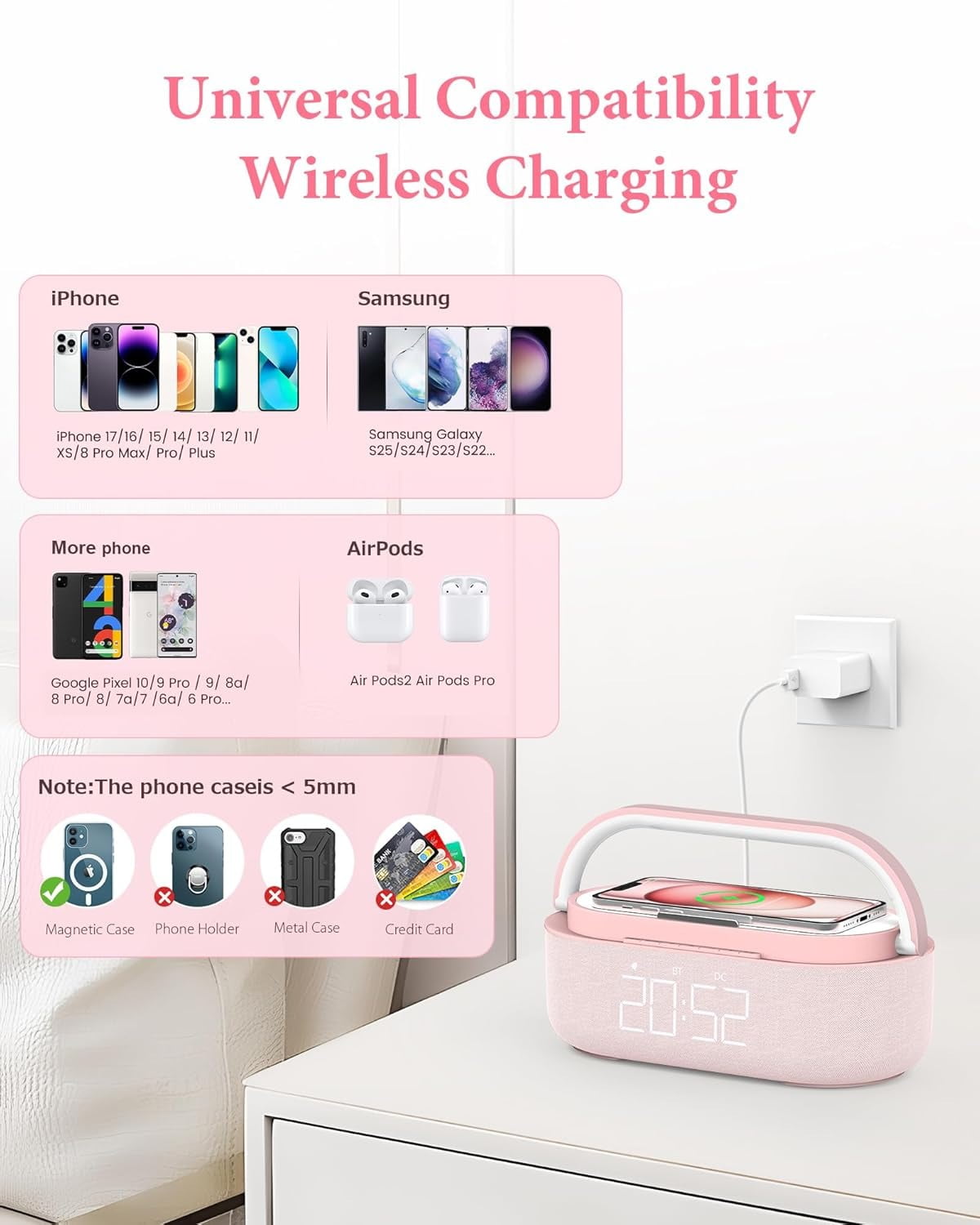 FreeFish Bluetooth Speaker Alarm Clock with Wireless Charger, LED Night Light, 2500mAh Battery - For Bedroom, Home Pink