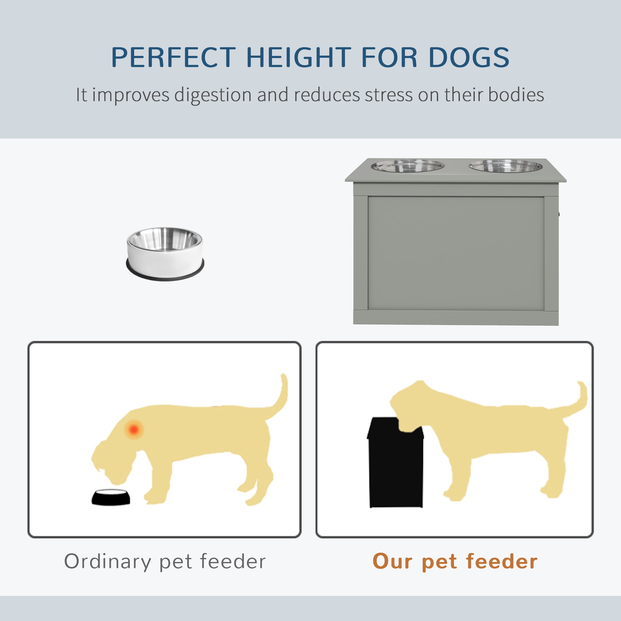PawHut Raised Bowl Dog Feeder with 2 Steel Bowls and Storage, Gray