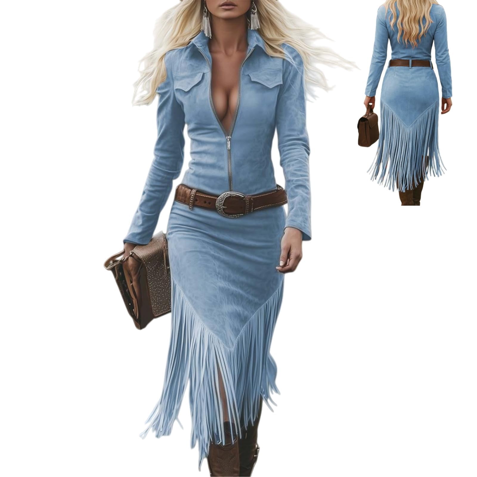 Women's Western Cowgirl Suede Dress Vintage Long Sleeve Slim Fit Fringe Dress Zip Collared Vacation Outfits without Belt
