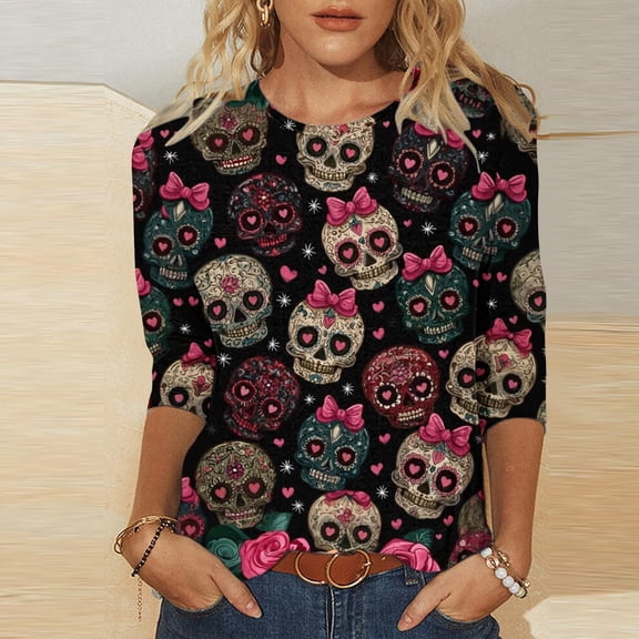 IUYRTFE Women's Day of the Dead Skull Print Crew Neck 3/4 Sleeve T-Shirt Loose Fit Casual Fall Top