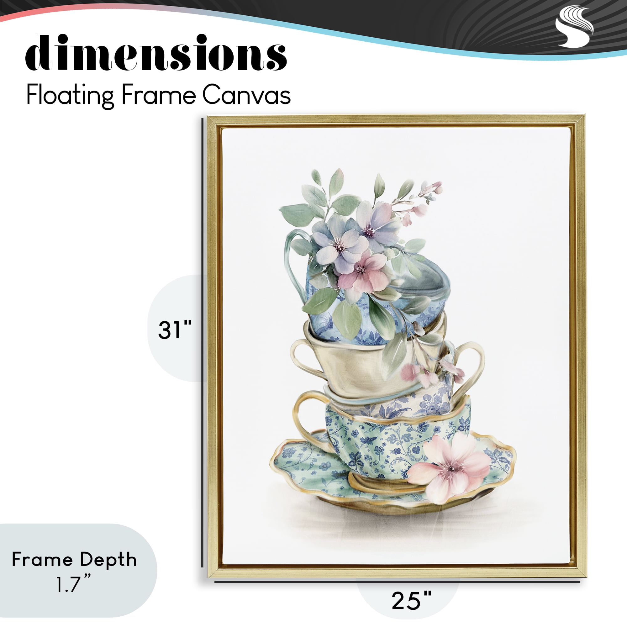 Stupell Industries Floral Teacup Chinoiserie Gold Framed Floater Canvas Wall Art, design by Kim Allen