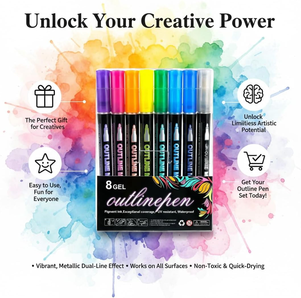 Dreamy Sparkle Dual-Line Contour Pen,8/12/24/36/48/60 Colors Outline Marker,0.08-0.12in Precision Tip,Quick-Dry Ink for Drawing,Coloring & DIY Crafts