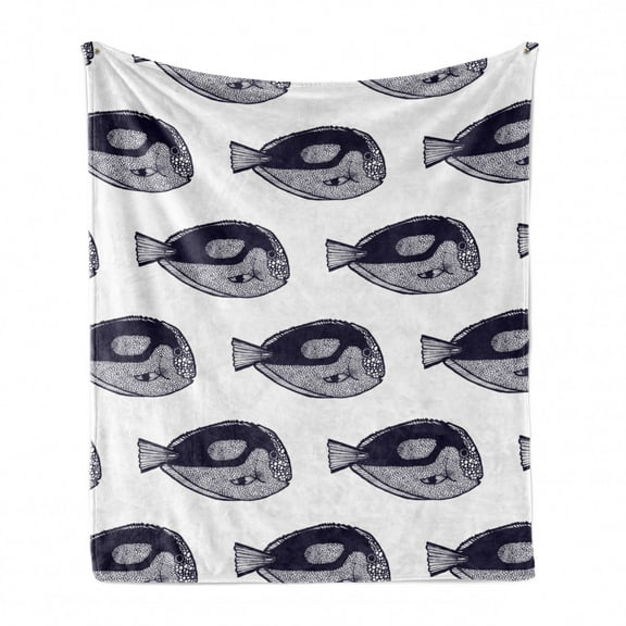 Underwater Soft Flannel Fleece Blanket, Monochrome Surgeonfish Pattern in Hand Drawn Tropical Fish Dotted Fins Ocean, Cozy Plush for Indoor and Outdoor Use, 50" x 70", Indigo White, by Ambesonne