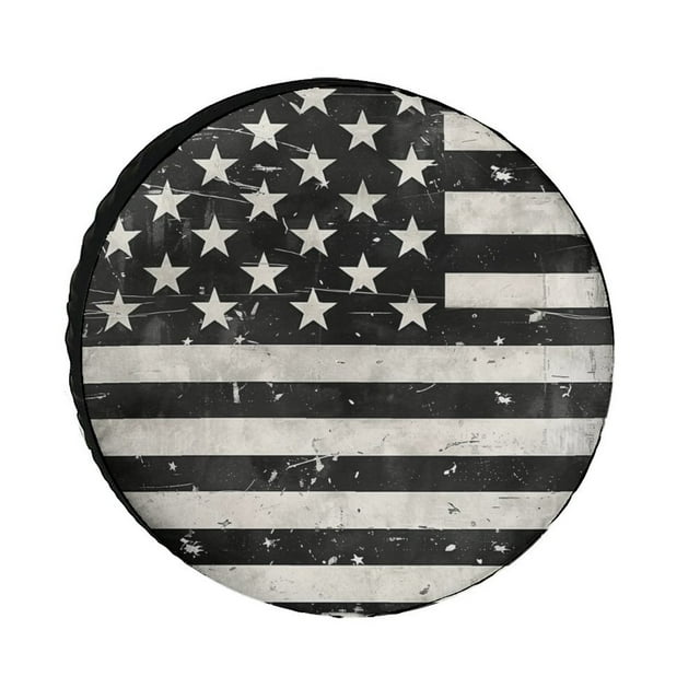 Housse de Pneu de Rechange pour Véhicule Récréatif 13 Pouces Noir Blanc Vintage Drapeau Américain Protecteurs de Roues de Camping Housses de Roues Résistantes aux Intempéries Jour de l'Indépendance Jour Commémoratif pour Remorque Camion SUV Universel