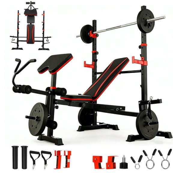 1500LBS Capacity 6 in 1 Olympic Weight Bench Set with Squat Rack & Leg Extension, Adjustable Foldable Workout Bench for Home Gym Full Body Strength Training