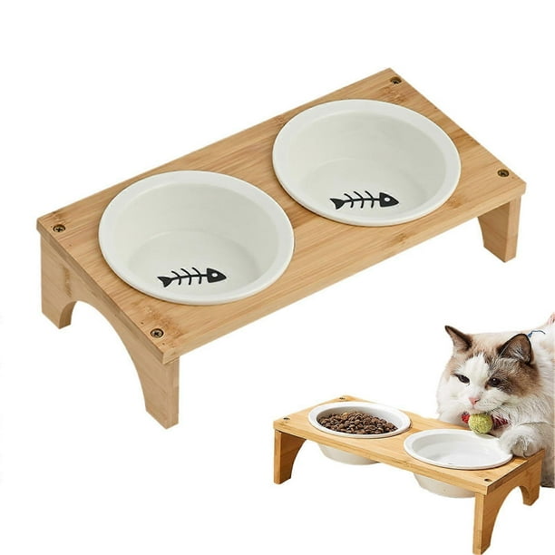 Raised Feeding Bowl for Cats, Oblique Design, Ceramic Cat Bowl, with Wooden Frame, NonSlip and Gentle on Taste, for Puppies and Cats of All Sizes