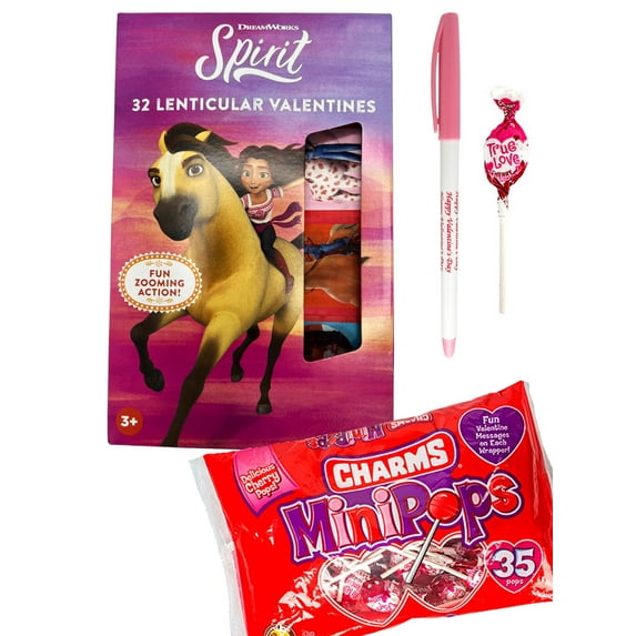 32 Spirit Horse Valentine Lenticular Cards with Charms Mini Lollipops and Happy Valentines Day Pen Classroom Exchange Bundle for Kids