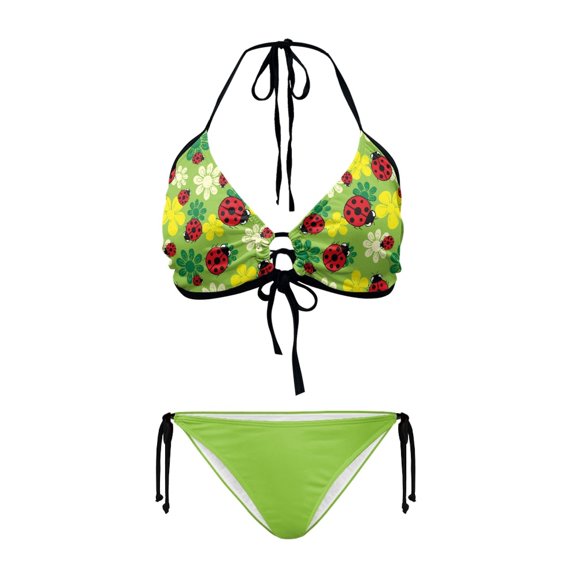 Uourmeti Playful Ladybug & Floral Print Halter Bikini Set - Cute Two-Piece Triangle Swimsuit with Tie Sides for Summer Beach & Pool Vacations