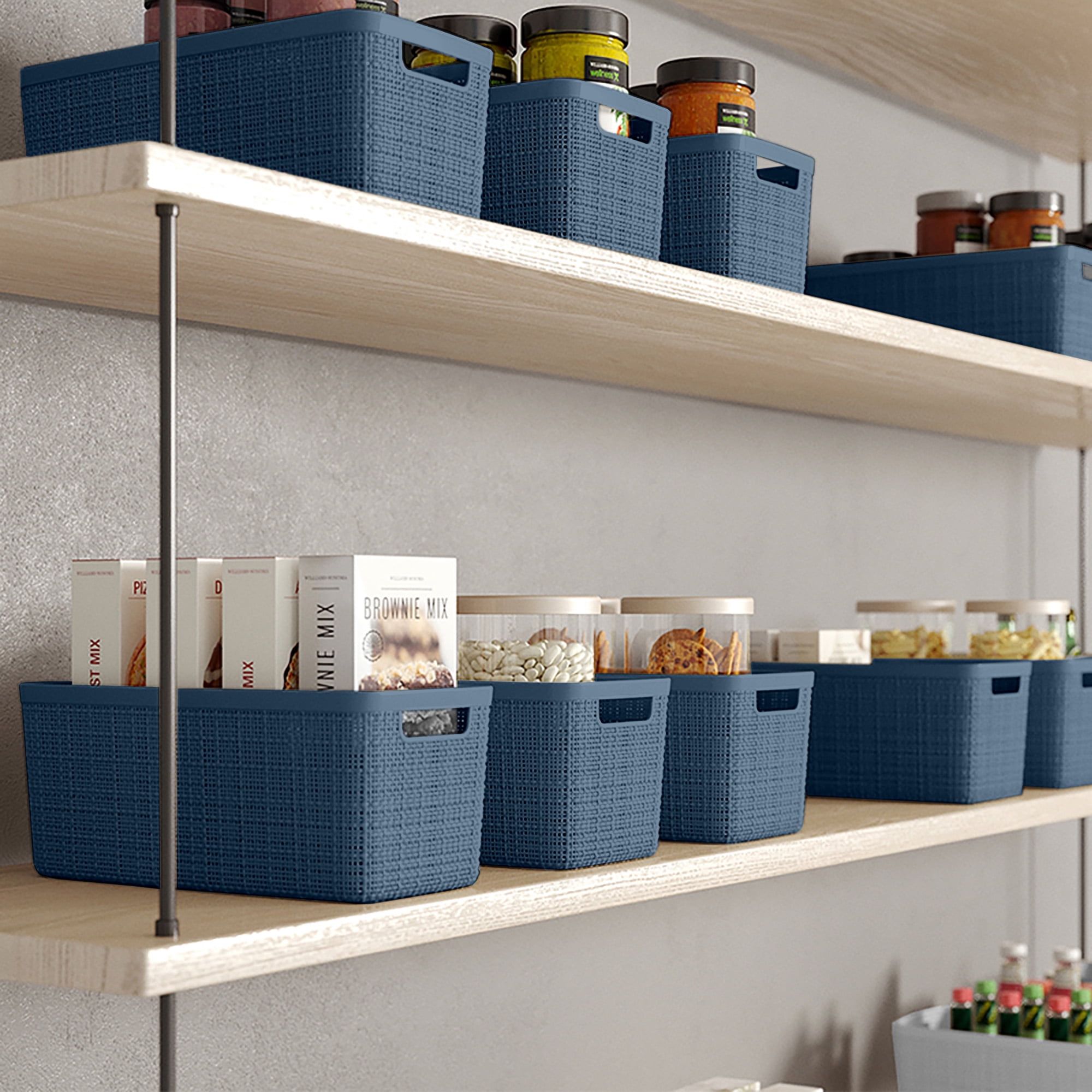 Curver Jute Basket Half Medium, Resin Plastic Storage Bin, Denim Blue, 4 Pack