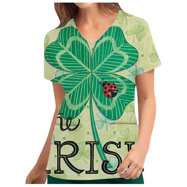 Uniforme de trabajo de enfermería con cuello en V y manga corta con estampado del Día de San Patricio para mujer a la moda Pompotops hkajfhjk460100