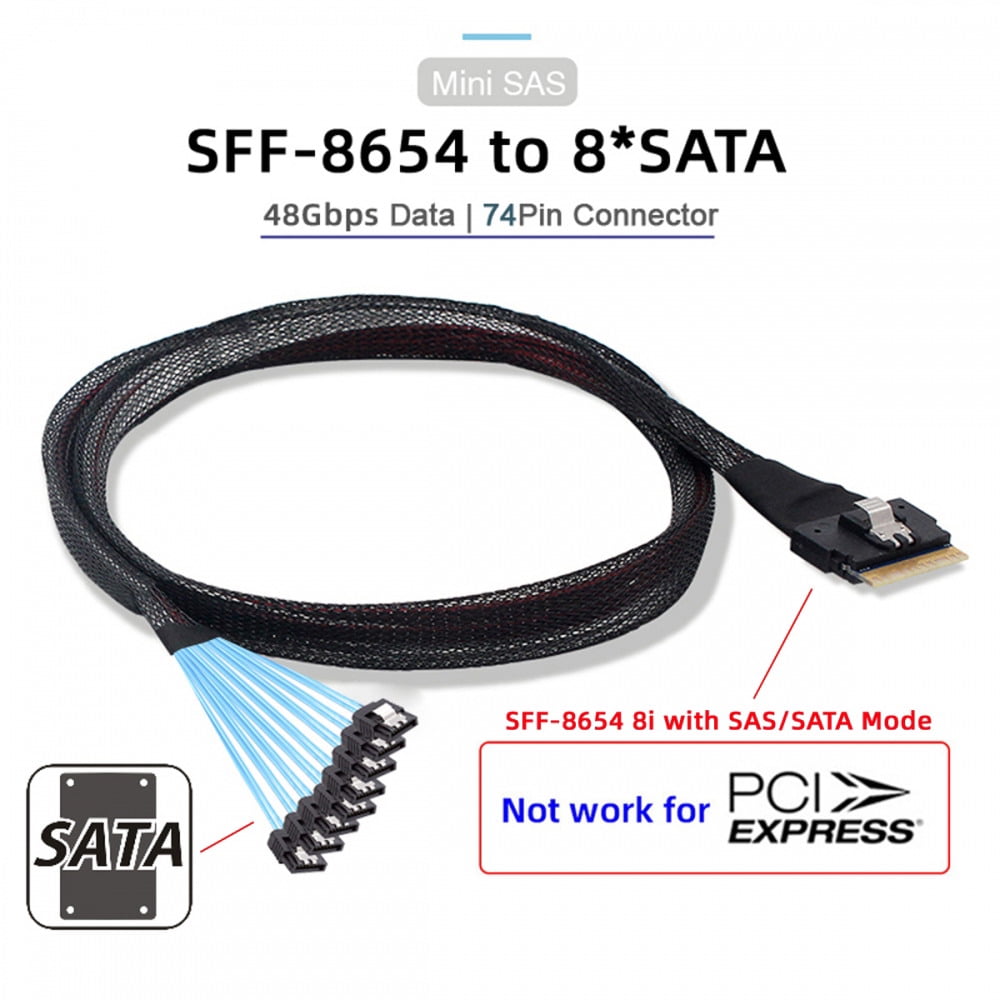 FVH 100CM Slimline SAS 4.0 SFF-8654 8i 74pin Host Raid to 8 SATA 7pin Target Hard Disk Fanout Raid Cable 1-to-8 Splitter