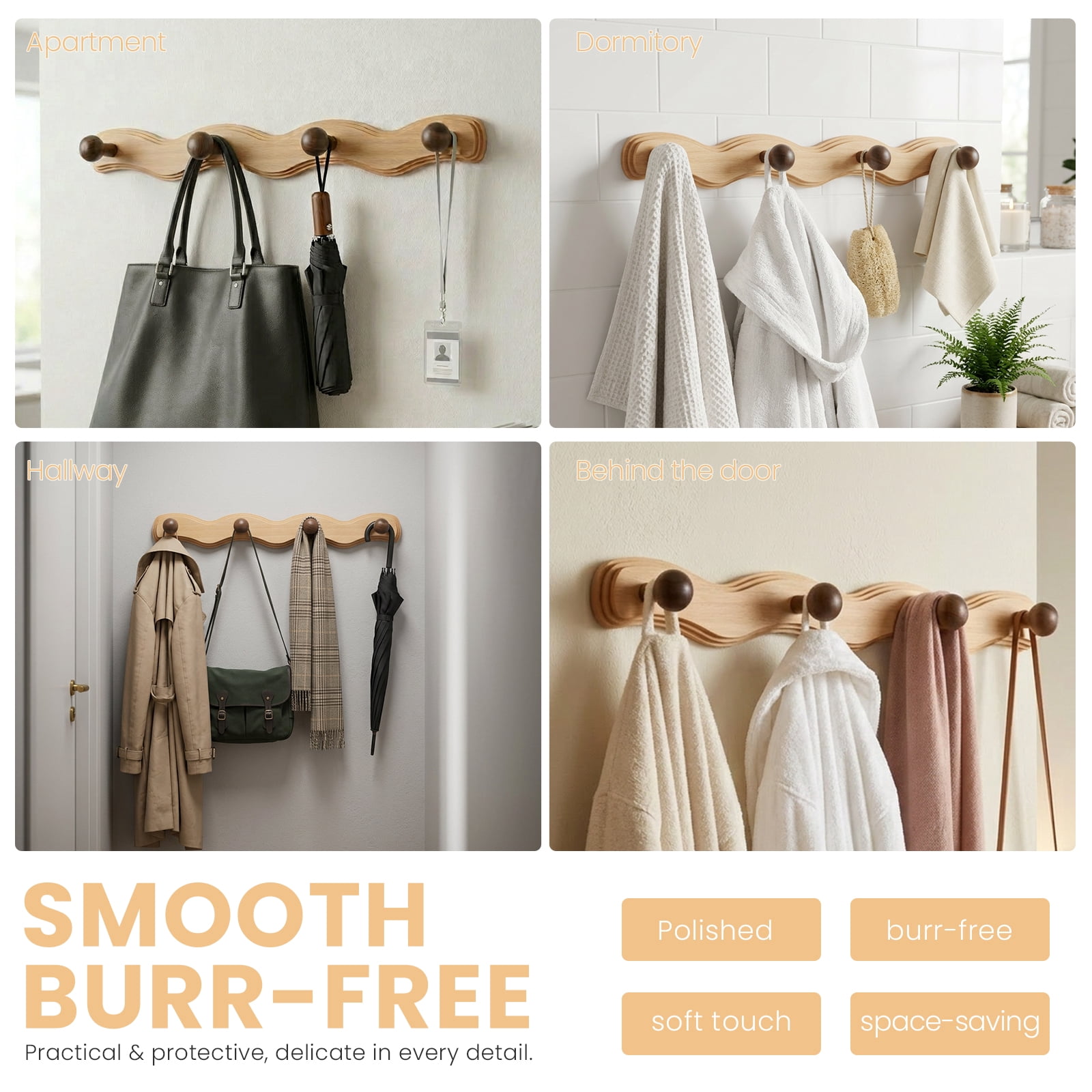 Wood Wall Mounted Coat Rack with 6 Hooks Wooden Hangers Wall Hook for Entryway Bathroom Bedroom Kitchen for Hanging Clothes Keys Robes Purse Towels Bags