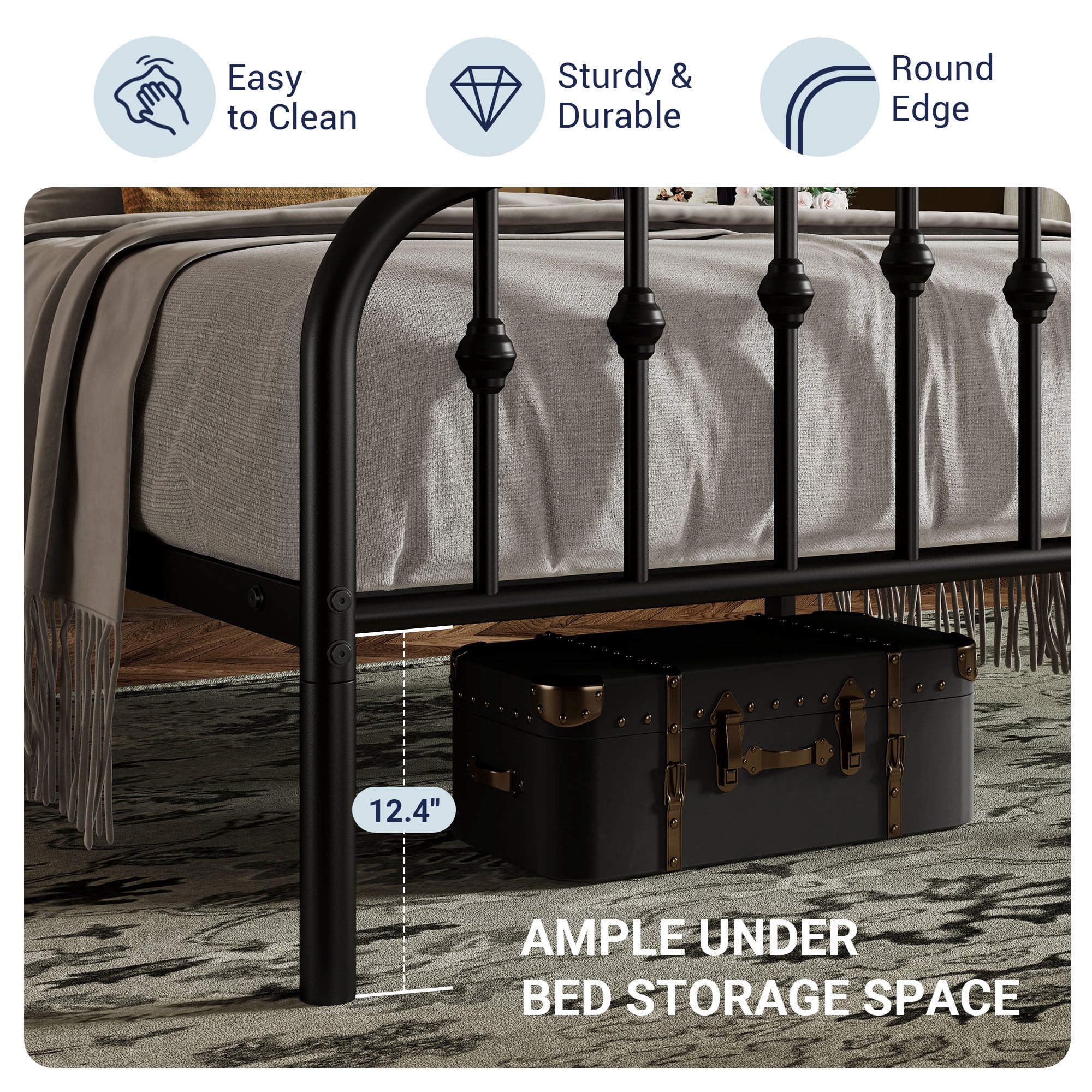 Sifurni Twin Size Bed Frame, Heavy Duty Metal Platform Bed with Vintage Victorian Headboard & Footboard, Black