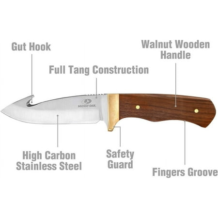 TRAHOO-Fixed Blade Gut Hook Knife 9.5-inch Full Tang Field Processing Knife - Wooden Handle Leather Sheath Included for Skinning Hunting Outdoors