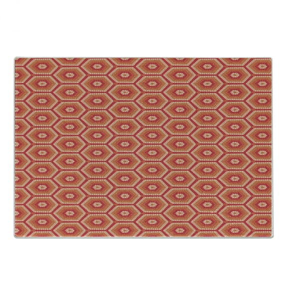 Abstract Cutting Board, Hexagonal Shapes with Stripes in Warm Tangerine Tones, Decorative Tempered Glass Cutting and Serving Board, in 3 Sizes, by Ambesonne