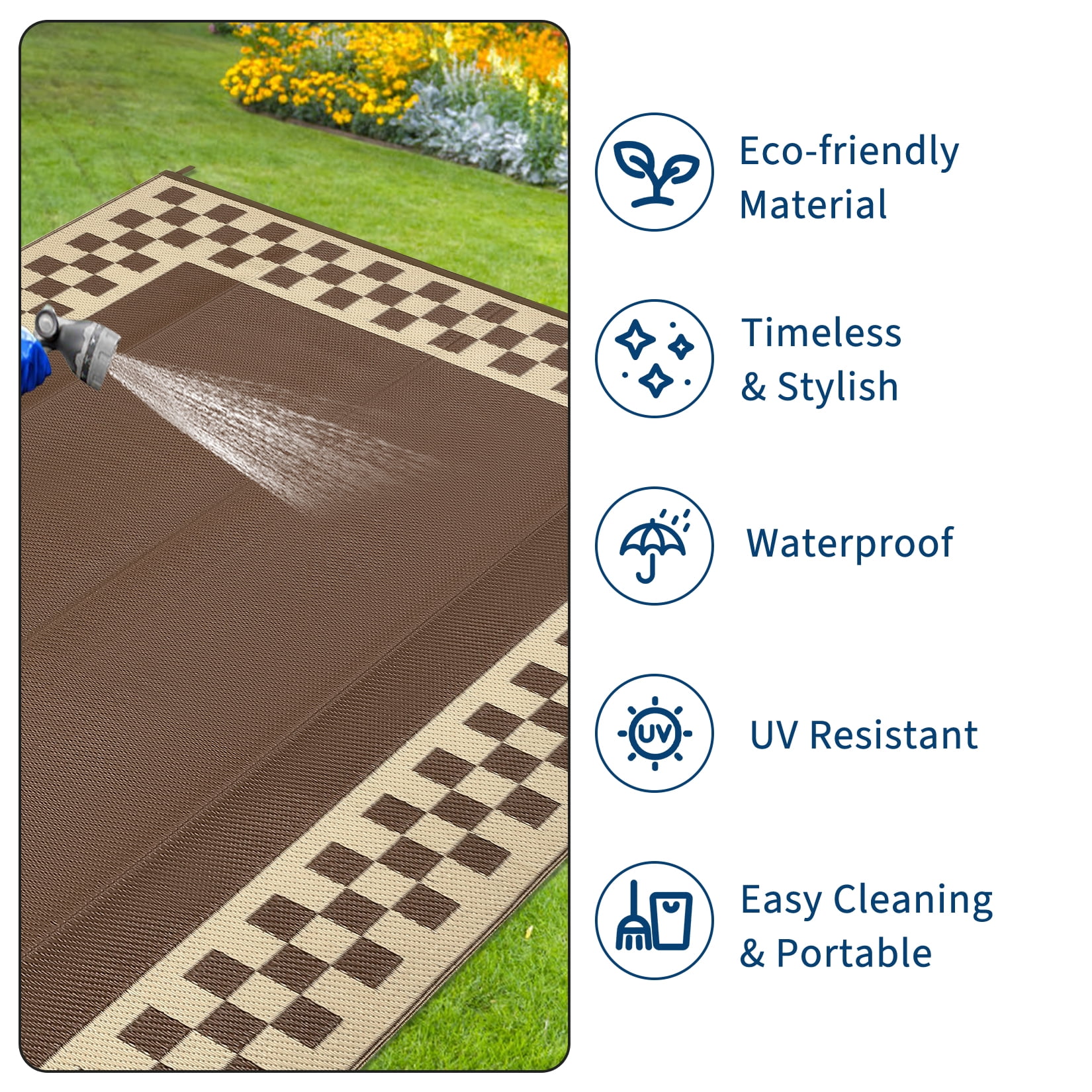 HIWEAVER 9' x 12' Brown Outdoor Rug PP Plastic Straw Woven Waterproof Patio Rug with Border Portable Outside Carpet for Balcony Deck Picnic Garden Decor