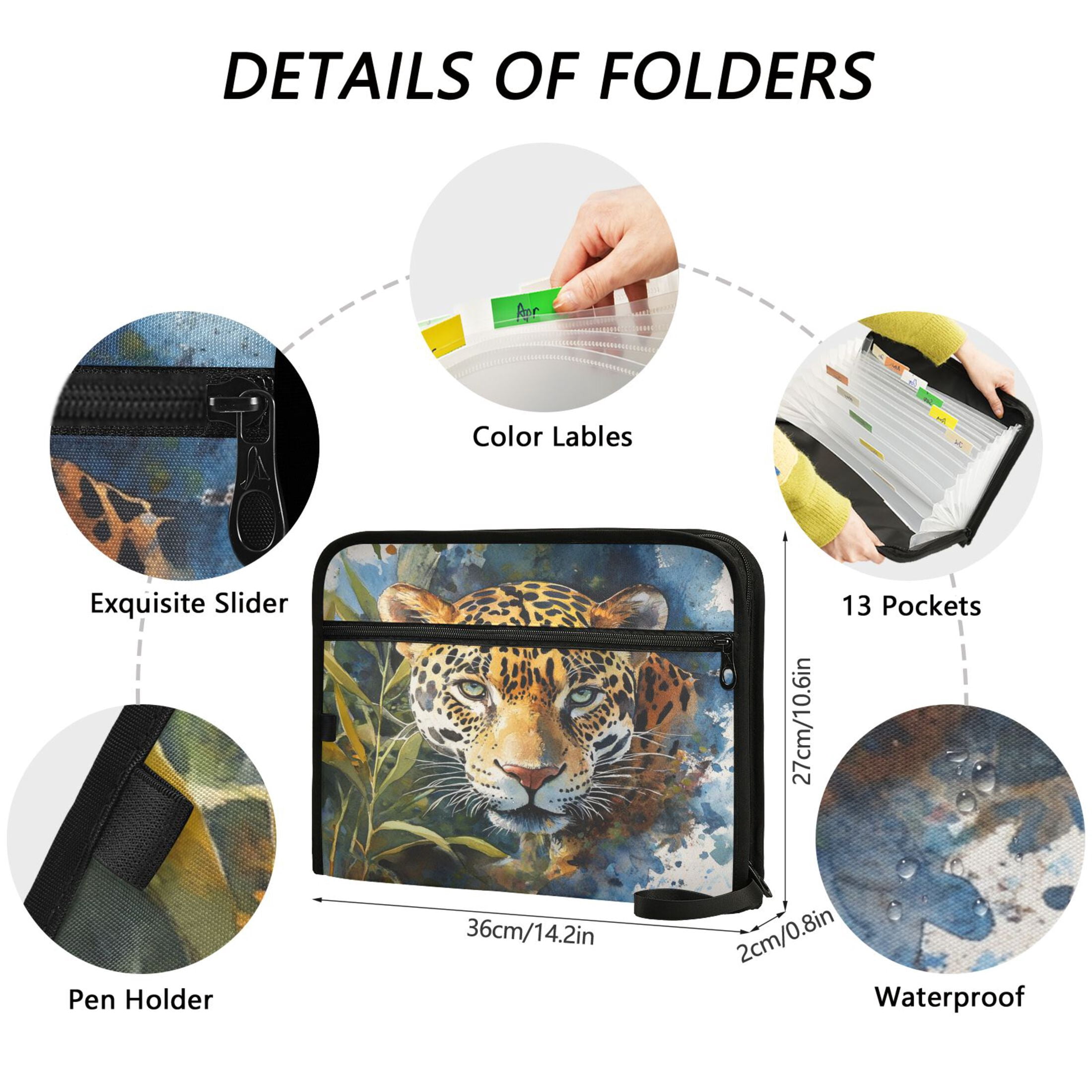 Organ Folder 14.2 x 0.8 x 10.6 Inches 13 Separate Pockets A4 Size Documents Folder A Sort Storage File Manager For The Home Office Watercolor Beautiful Jaguar