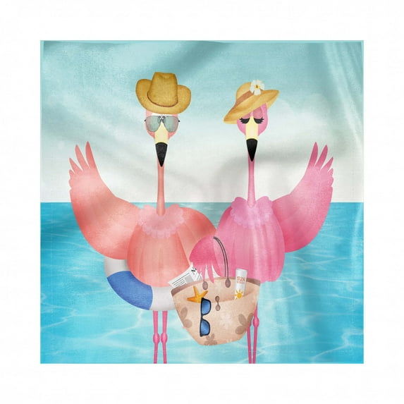 Tropical Decorative Satin Napkins Set of 4, Pattern of Cool Flamingo Couple on Vacation Summertime Elements Exotic Setting, Square Fabric Party & Dinner Napkin, 12", Multicolor, by Ambesonne