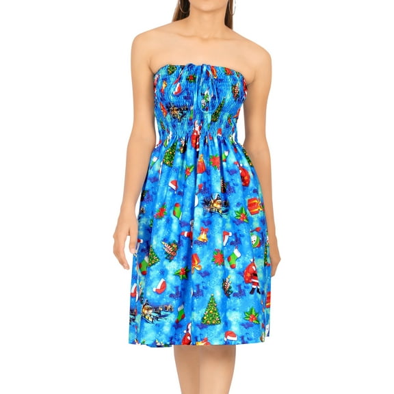 HAPPY BAY Women's Casual Beach A line Slit Mini Dress Tube Top Evening Short Strapless Christmas Tree Dresses for Women One Size Iris, Santa Gifts