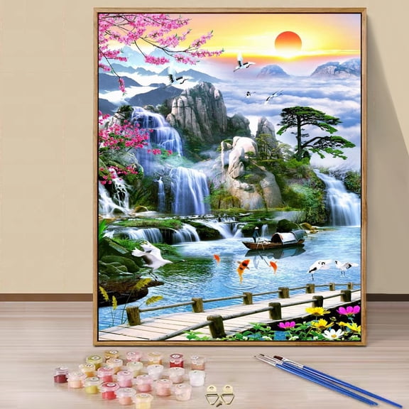 JYLMOOD Paint by Numbers for Adults Kits, DIY Easy Painting by Numbers for Gift Home Wall Decoration 16x20in without Frame - Waterfall
