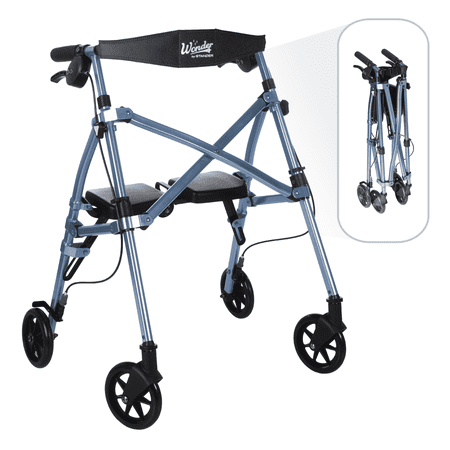 Stander Space Saver Rollator Short, Lightweight Junior Folding Walker for Seniors, Petite Four Wheel Rolling Walker with Seat & Locking Brakes, Cobalt Blue