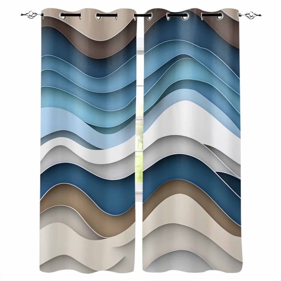 Blue Beige Ombre Blackout Curtains 72 Inches Long for Bedroom, Moire Geometric Abstract Modern Thermal Insulated Room Darkening Black Out Window Curtain Panels Grommet Drapes for Living Room