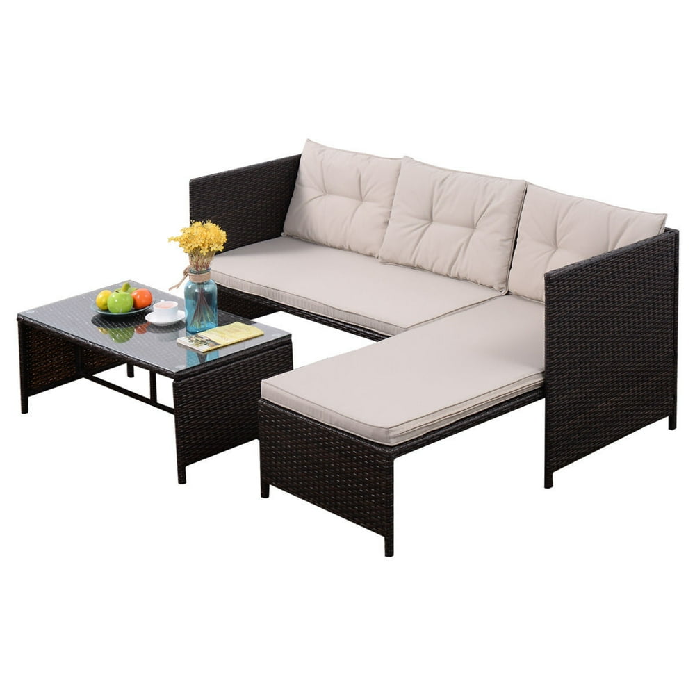 Goplus 3 PCS Outdoor Rattan Furniture Sofa Set