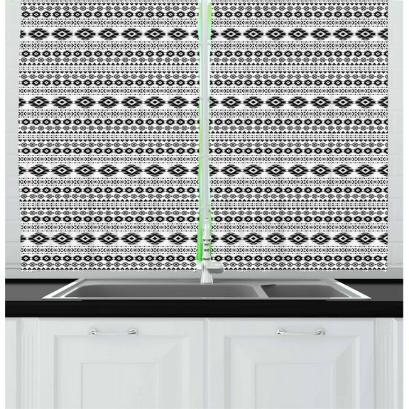 Ambesonne Aztec Kitchen Curtains, Ikat Style Vintage Design, 55"x39", Black Grey White