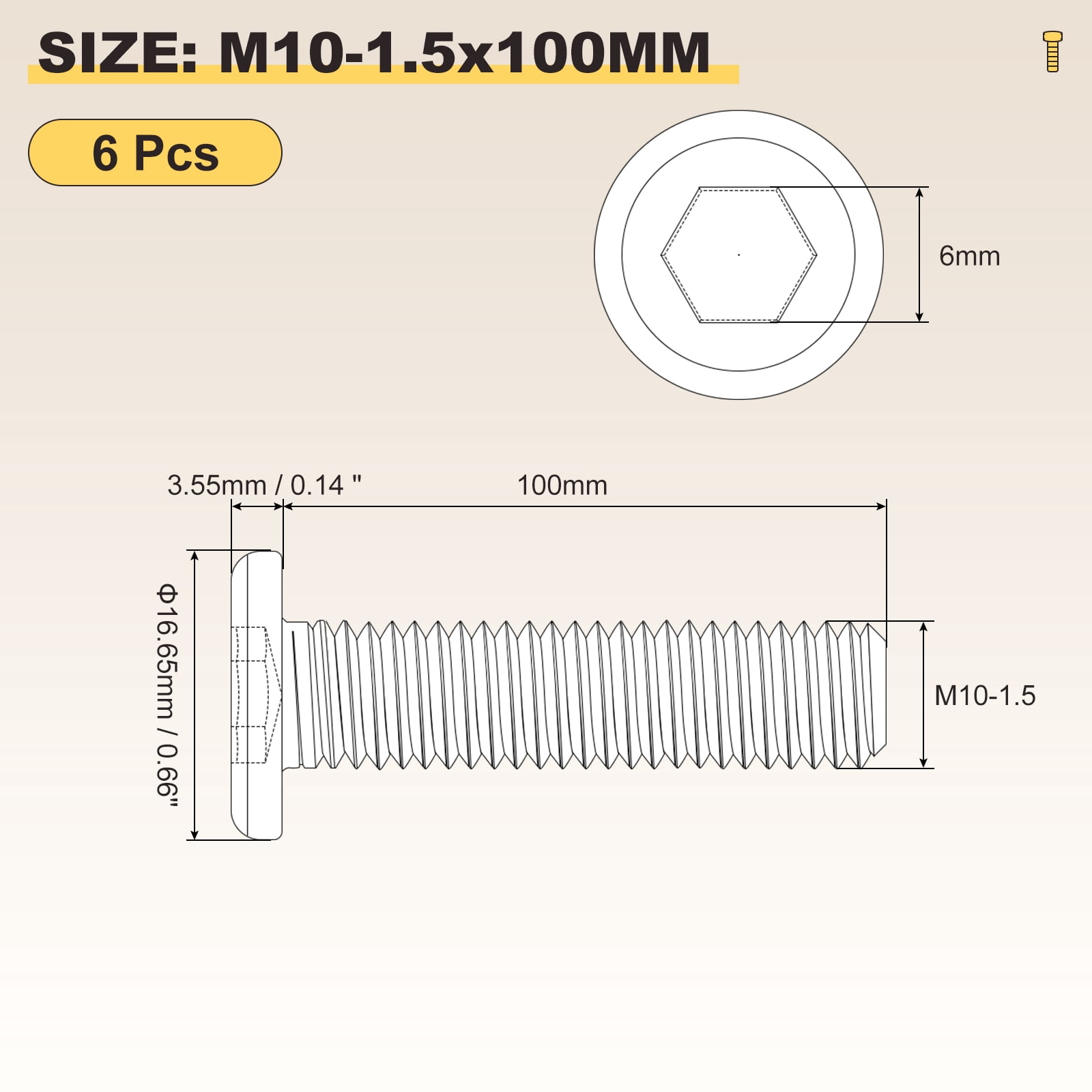 Flat Head Hex Socket Cap Screws Bolts(M10-1.5x100) 6Pcs, 304 Stainless Steel Hex Socket Furniture Bolts Countersunk Screws - for Furniture Woodworking Project, Silver Tone