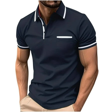 Qgtaibl Short Sleeve Shirt for Men Collared Golf T Shirts Gym Workout Muscle Tee Summer Slim Fit Pullover Tops with Chest Pocket Navy S