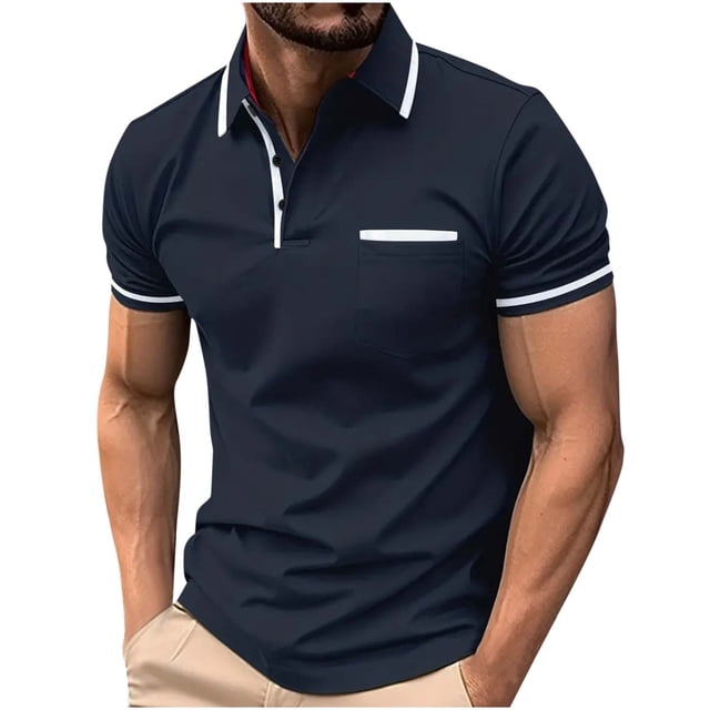 Camisetas para Hombre con Bolsillo Solapa Botón de Ocio de Color Sólido, Top Versátil para el Uso Informal