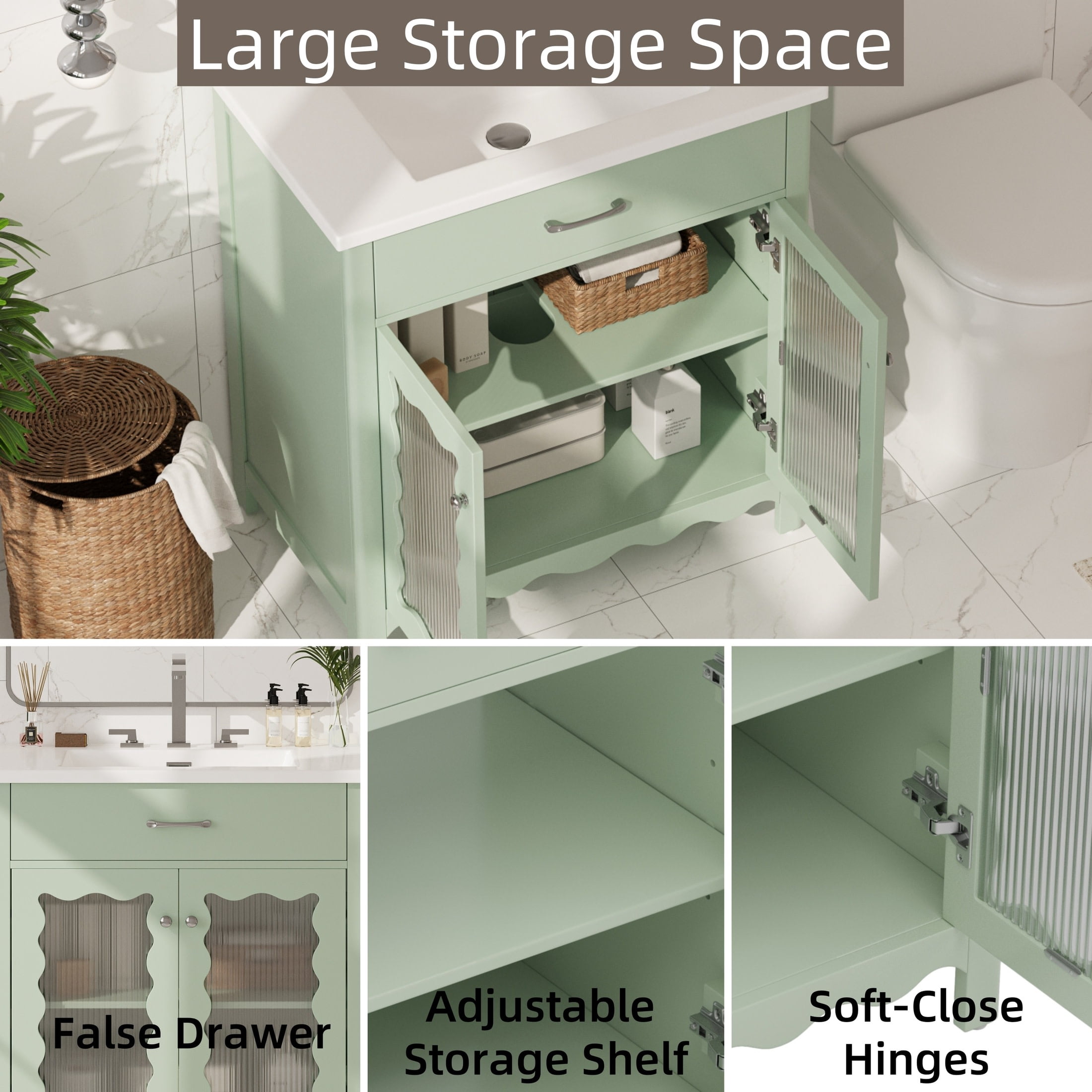 Christopher Knight Home 31" Modern Bathroom Vanity, Tempered Glass Cabinet with Ceramic Sink, Green