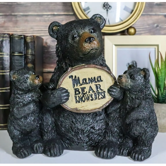 Whimsical Black Bears Mother With Cubs Holding Mama Bear Knows Best Sign Statue