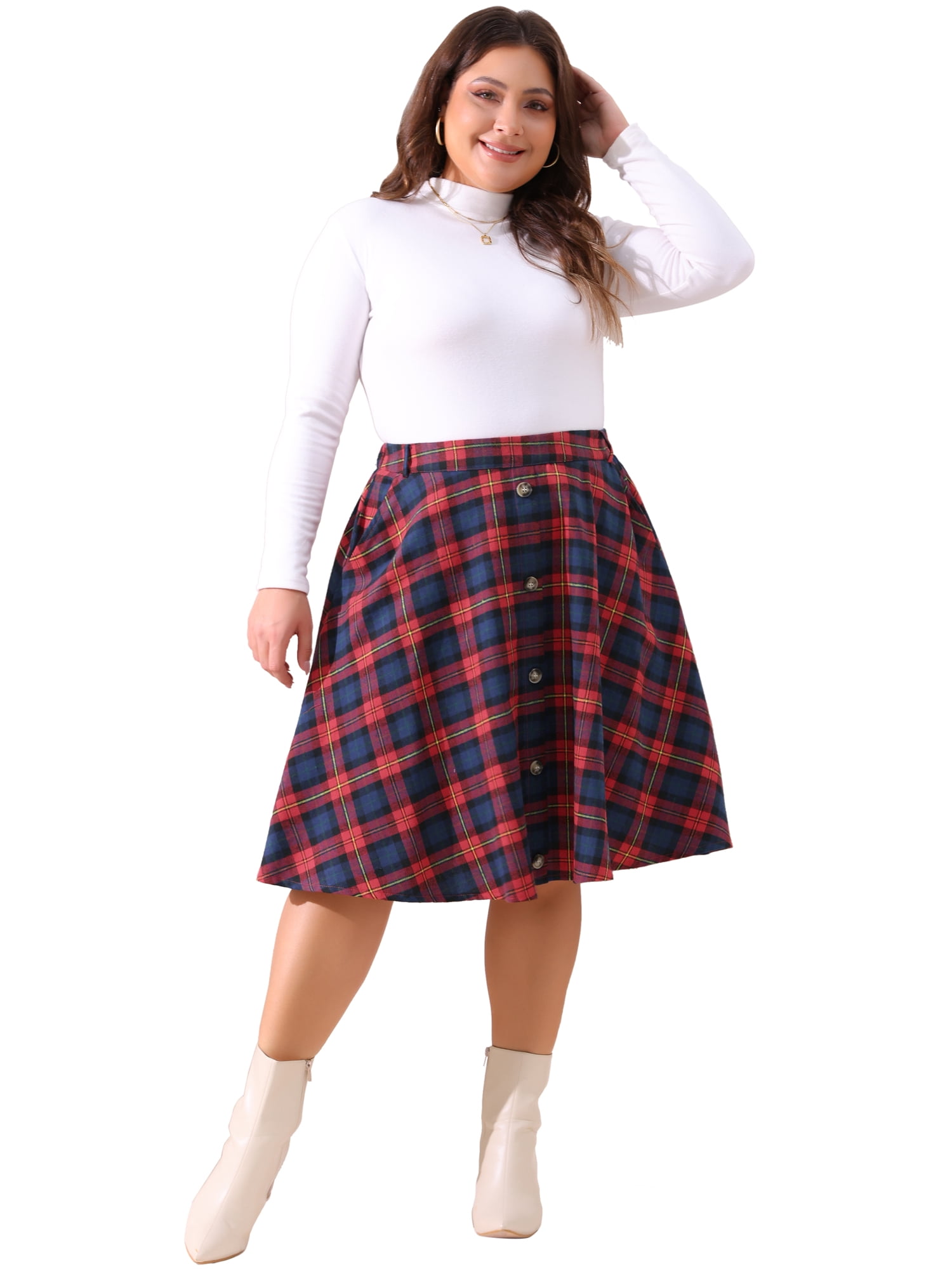 DARING DIVA Women's Plus Vintage Plaid Elastic A-Line Skirt with Pockets 2X Red Blue