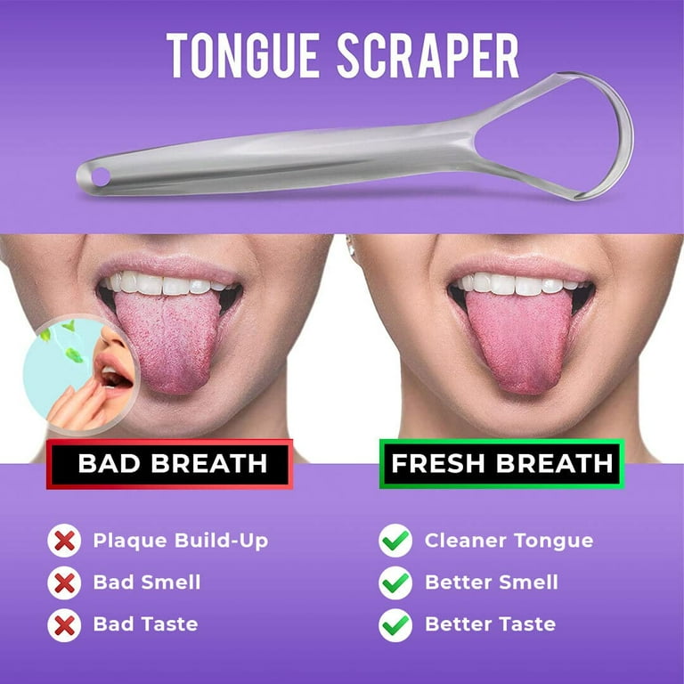 Tongue Scraper (2 Pack), Stainless Steel Tongue Cleaners, Reduce Bad Breath  (Travel Cases Included), 100% Metal Tongue Scrapers for Adults and Kids