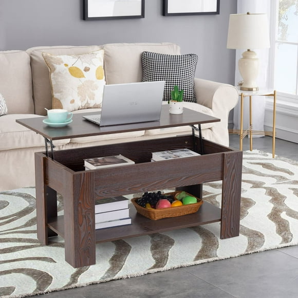NiamVelo Wooden Lift Top Coffee Table with Hidden Compartment and Storage Shelf for Living Room, Espresso
