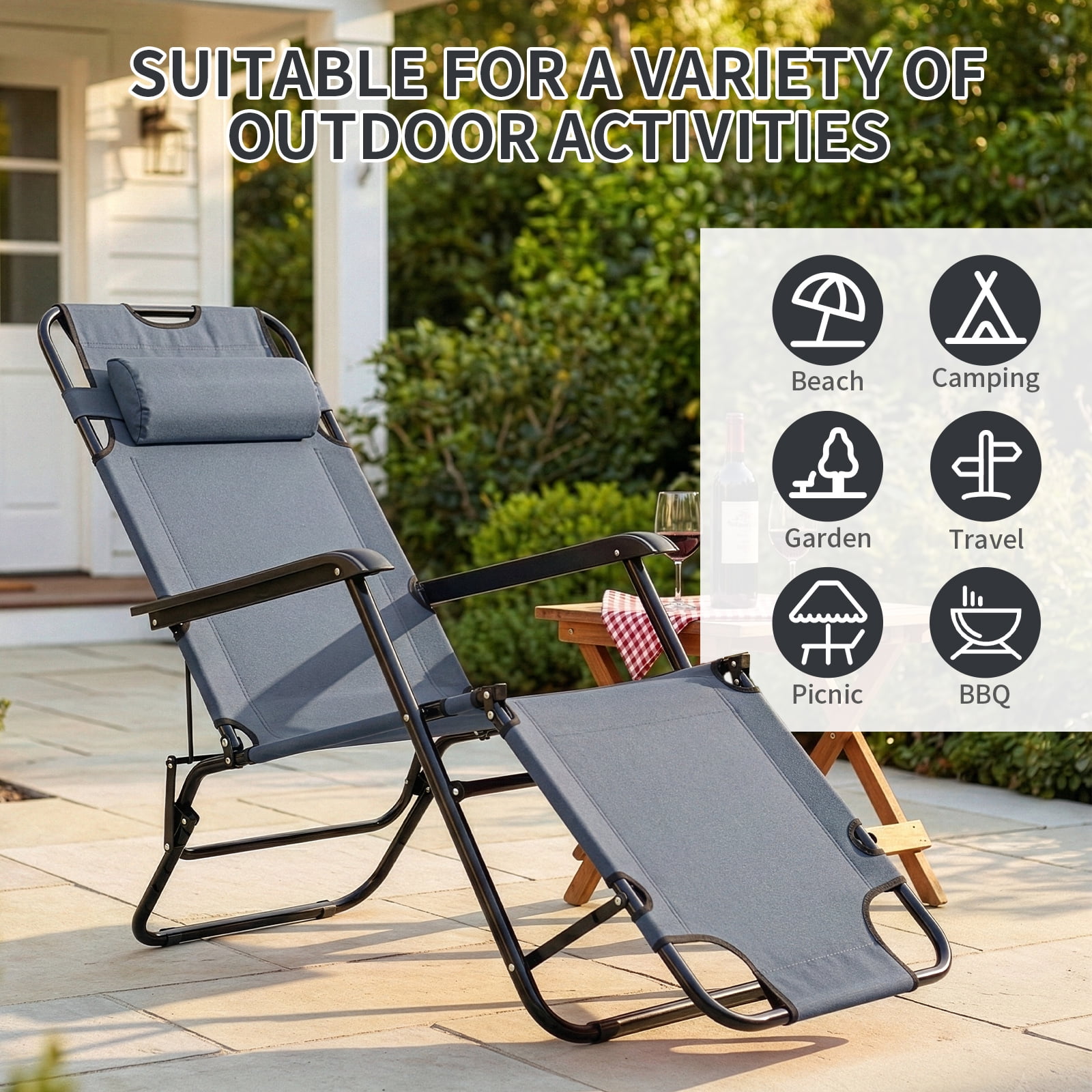 UBesGoo 2-Position Adjustable Backrest Chaise Chair, Lightweight Tanning Chair with Pillow, Sun Recliner for Indoor Outdoor - Black