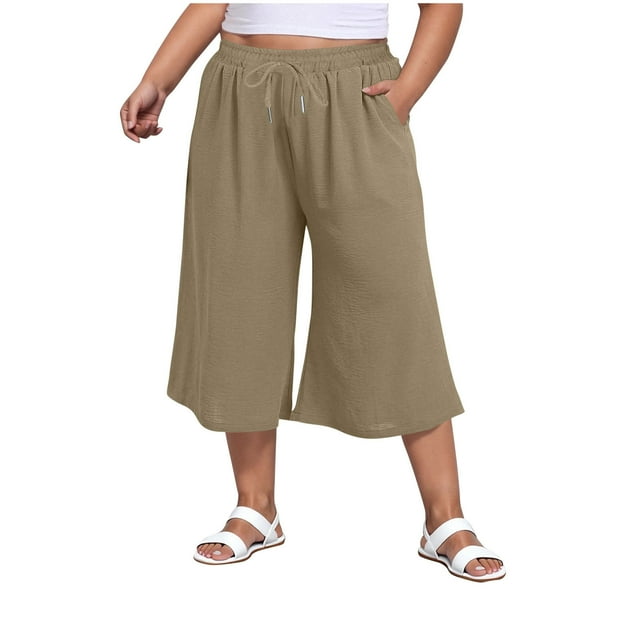 ShomPort Women's Plus Size Capri Drawstring Wide Leg Cropped Palazzo Pants Summer Casual Flowy Pants with Pockets