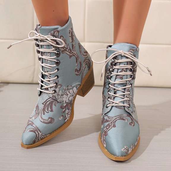 Womens Short Boots Ethnic Embroidered Pull On Lace Up Chunky Low Heel Fashion Ankle Boots Light Blue 9