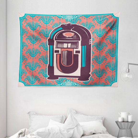 Jukebox Tapestry, Floral Paisley Inspired Backdrop with Music Box Retro Party Print, Wall Hanging for Bedroom Living Room Dorm Decor, 80W X 60L Inches, Blue Light Pink and Purple, by Ambesonne
