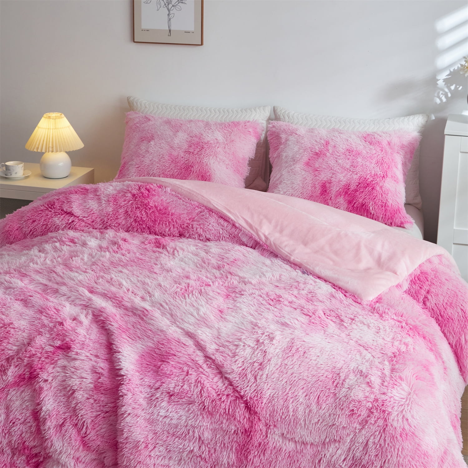 Wajade Plush Shaggy Comforter Set Fluffy Fuzzy Faux Fur Bedding Set - 3PC Microfiber Soft Warm Quilt Set(Pink White Tie Dye,Queen Size)