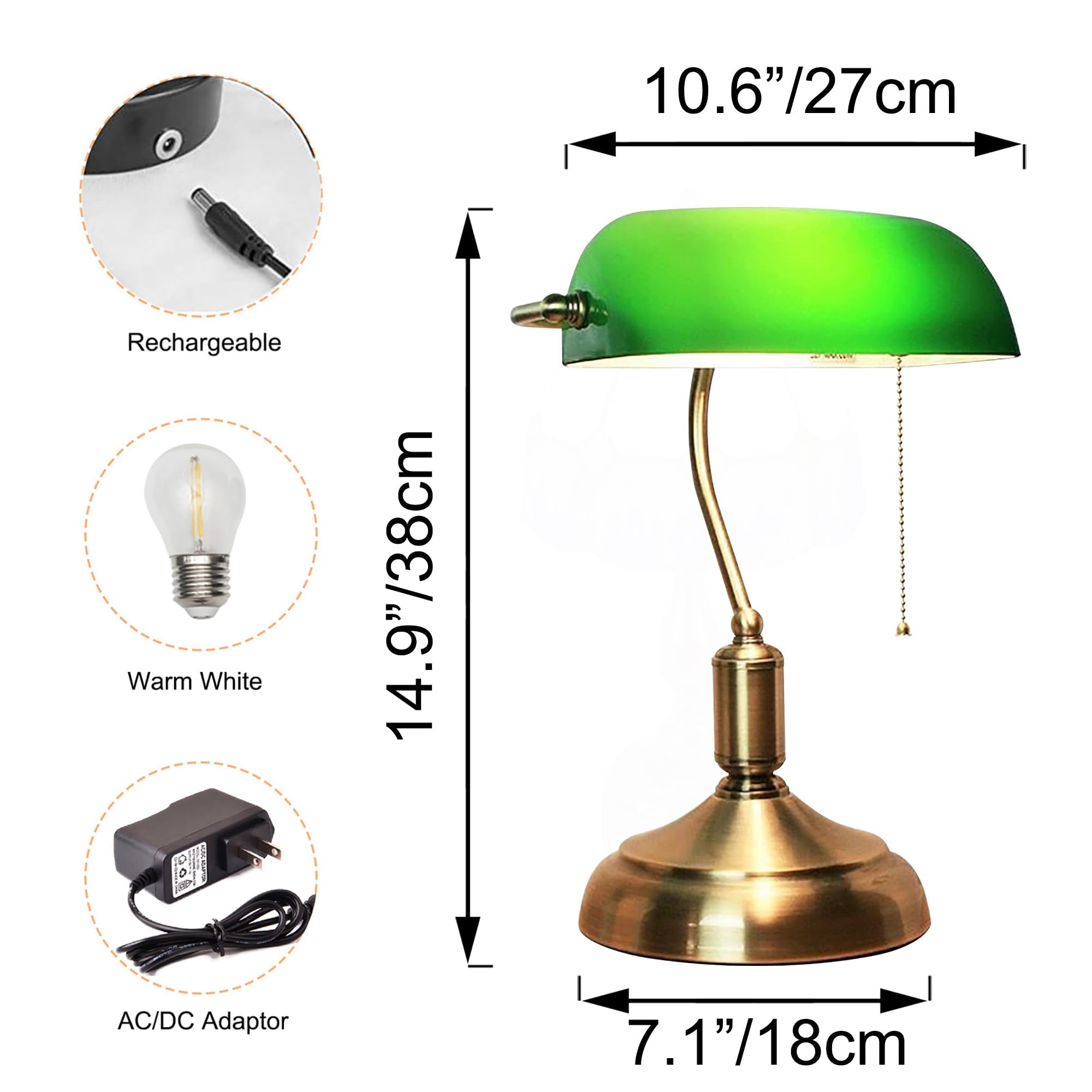 Kiven Cordless Bankers Table Lamp,1-Light Dimmable Bedside Lamps for Nightstand with Glass Lampshade, Vintage Rechargeable Desk Lamp for Reading Home Decor Bedside TD1117