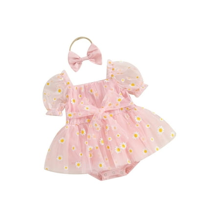 

Co.MMehjri Baby Girl 2Pcs Summer Outfits Short Puff Sleeve Daisy Print Romper Tulle Dress with Headband Set