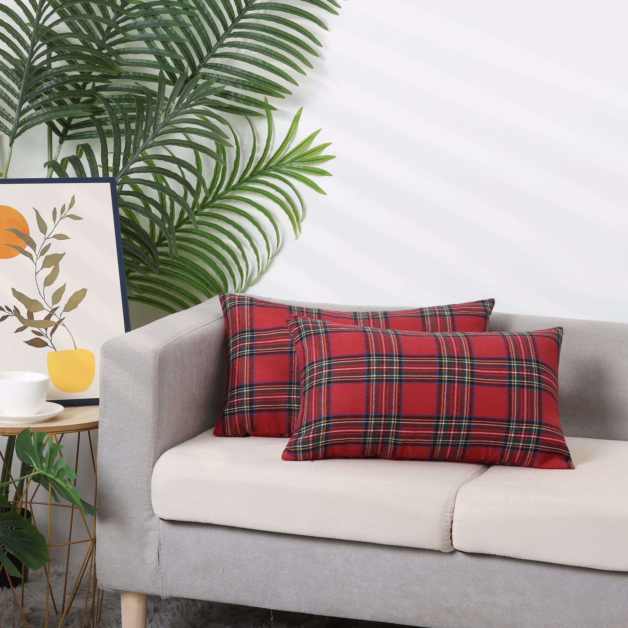 Unique Bargains Festive Plaid Decorative Throw Pillow Covers Scottish Tartan Decor 2 Pcs Large Plaid Red 12" x 20"