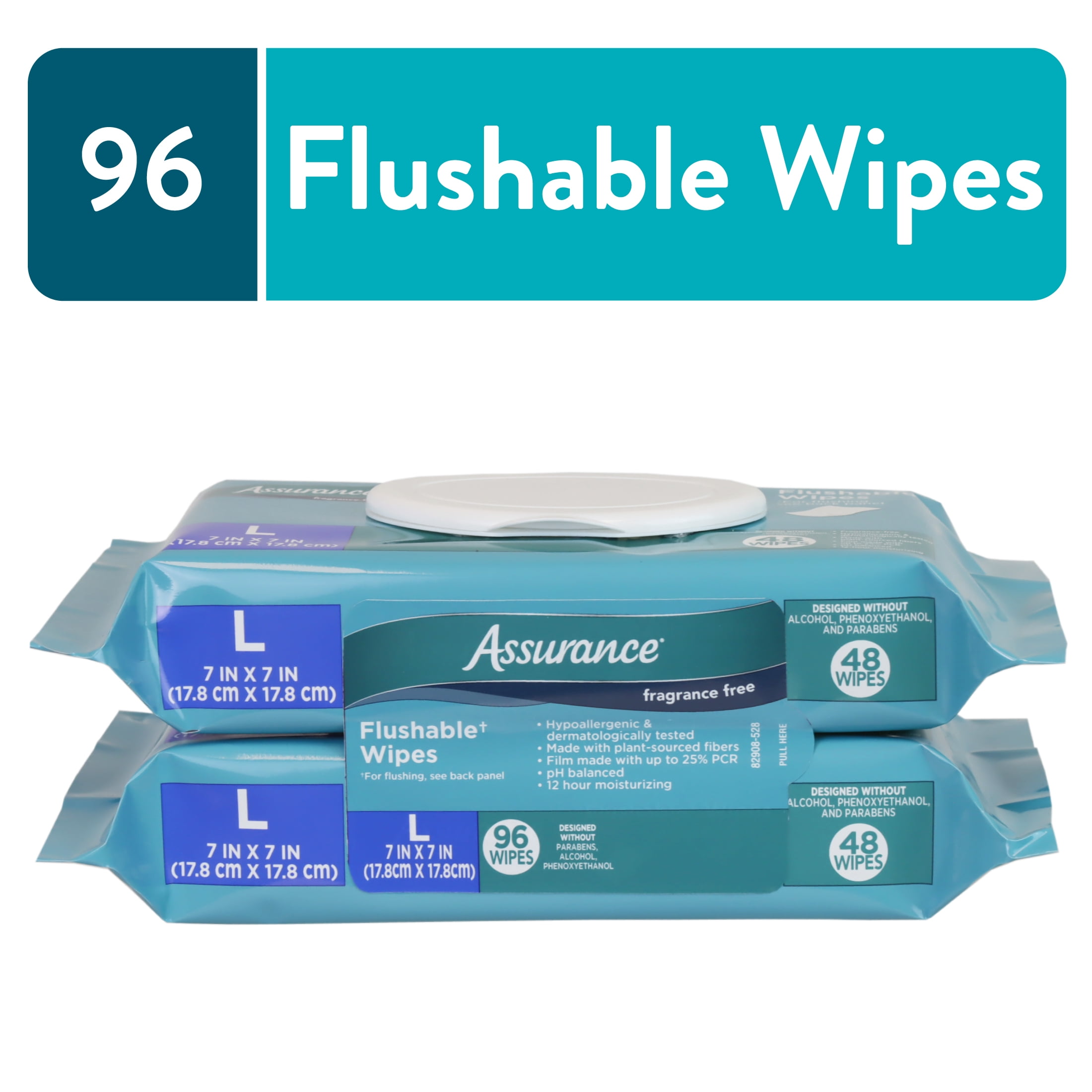 (4 pack) Assurance Large Flushable Wet Wipes, Fragrance Free, 48 Count, 2 Pack