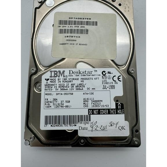 37.5gb, ibm deskstar dpta-353750 ata/ide, 31l9154 (oem: 126746-001), 5400rpm, mlc: f42312, jul-1999
